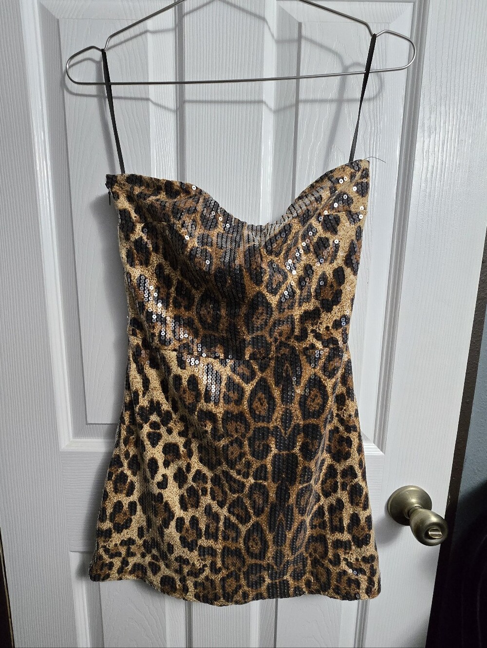 Edikted Sequin Leopard Printed Strapless Tube Bodycon Mini Dress Size Medium